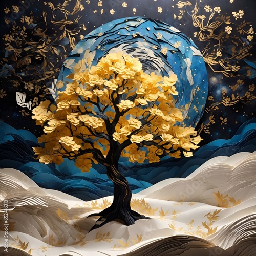 golden tree in landscape made of paper with attractive colors and details  photo