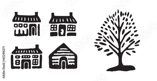Whimsical forest tree with building design collection vector organic style. Monochrome woodland cottage for outdoor quirky linocut set. 