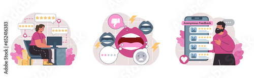 Customer feedback set. Consumer reviews public exchange. Sharing
