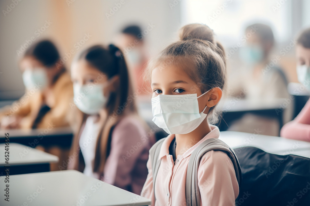 Children wearing medical masks at school, a new strain of coronavirus, colds and quarantine in the classroom