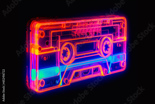 Neon cassette. Nostalgia of the 90s. Audio cassette for listening to music.	