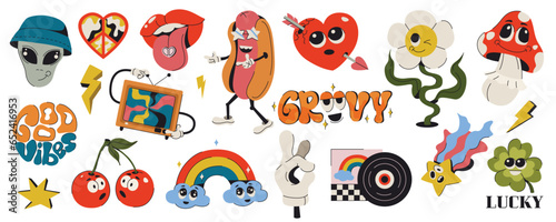 Retro colorful stickers with funny comic characters. Groovy hippie 70s set in vintage style. Psychedelic design elements. Cartoon rainbow, flower, heart, rainbow, peace, cherry, alien and mushroom. © redgreystock