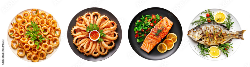 Set of plates with seafood cuisine dish, squid, salmon steak and fried fish dorada Isolated cutout on transparent background - obrazy, fototapety, plakaty 