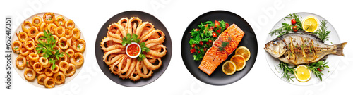 Set of plates with seafood cuisine dish, squid, salmon steak and fried fish dorada Isolated cutout on transparent background