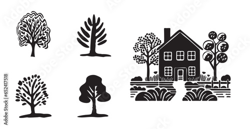 Whimsical forest tree with building design collection vector organic style. Monochrome woodland cottage for outdoor quirky linocut set. 