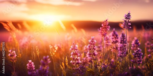 Beautiful summer sunset background with blooming wild lavenda flowers in a sunny meadow