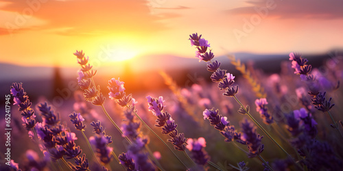 Blooming lavender summer flower against the backdrop of a summer sunset landscape