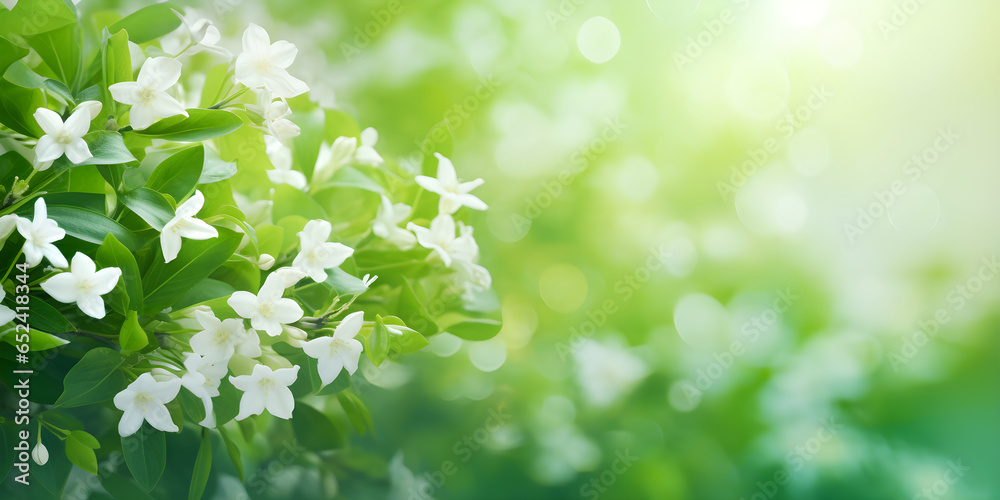spring border, blooming jasmine bush on a green background. Soft selective focus with copy space