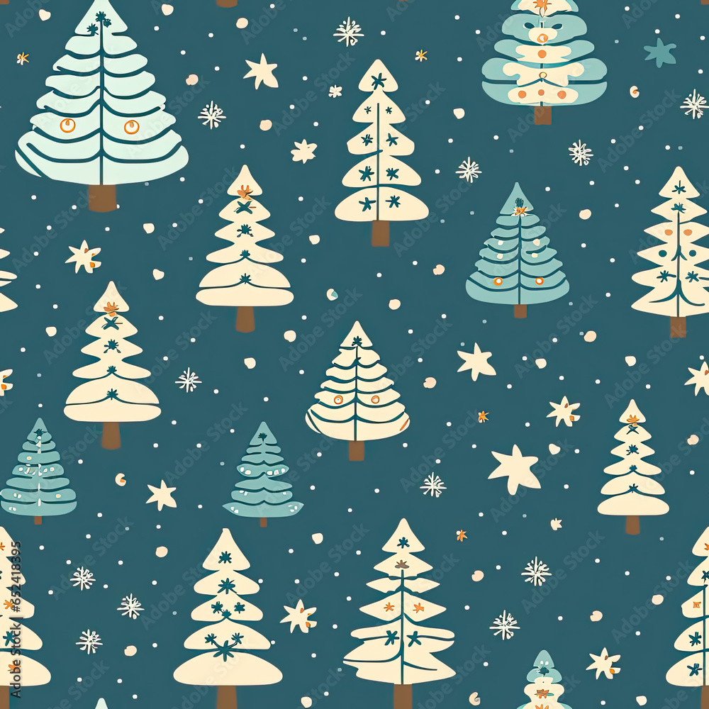 Christmas trees, snowflakes, seamless texture, cartoon style, Christmas tree pattern, Wrapping paper, AI generative 