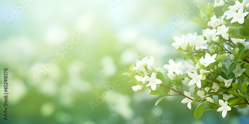 spring border, blooming jasmine bush on a green background. Soft selective focus with copy space