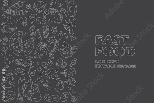 Set of fast food line icons doodles on black. menu or food package design. Vector illustration. Editable strocke