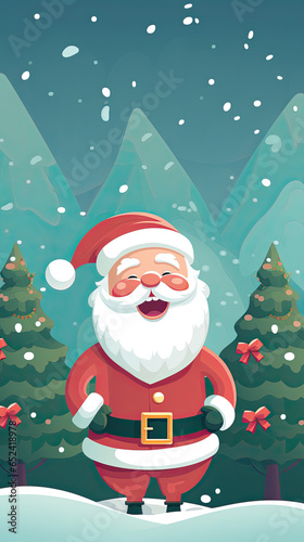 flat illustration, vector graphic,Christmas poster, cute Santa Claus, happy laughing and dancing, Christmas tree, gifts, snowing, red green white, AI Generated