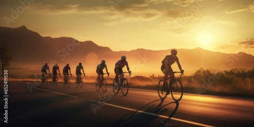 A group of cyclists at sunset