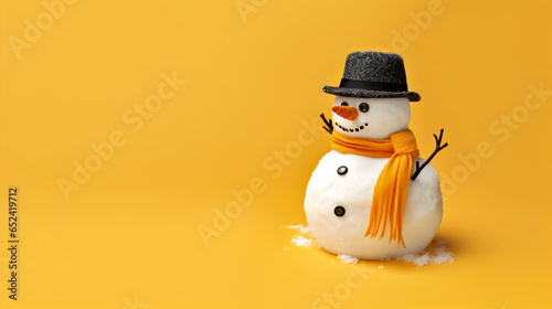 Christmas background: Snowman with hat and scarf in winter. Christmas ambiance, sleek studio photography with yellow orange background. Snow and ice season. Minimalist still life style. photo