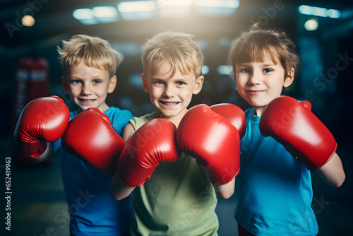 A group of children are practicing boxing in boxing gloves