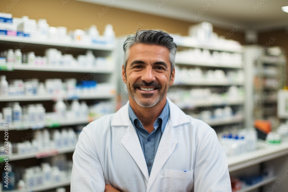 Portrait of a senior Caucasian male pharmacist posing in a in modern pharmacy