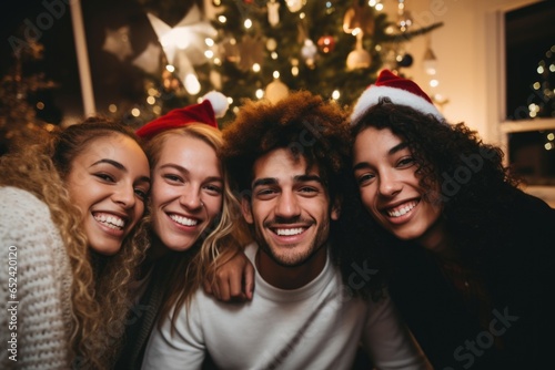 Portrait of a Young and diverse group of friends celebrating the Christmas and new year holidays together at home