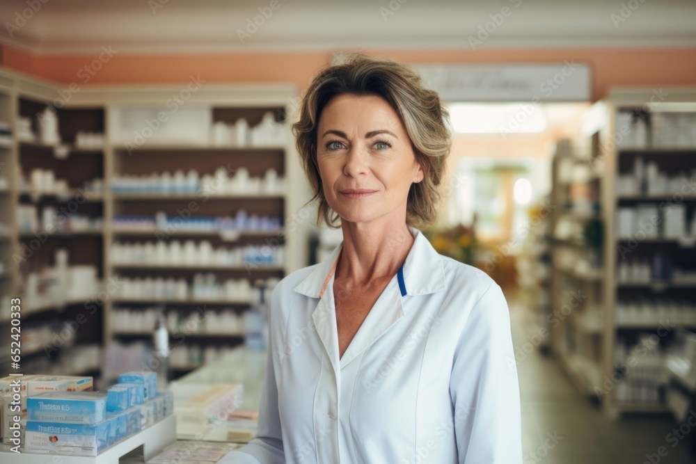 Portrait of a middle aged female Caucasian pharmacist posing in a in modern pharmacy
