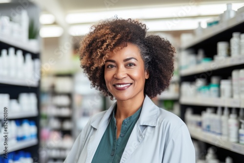Portrait of a African American female pharmacist posing in a in modern pharmacy © Geber86