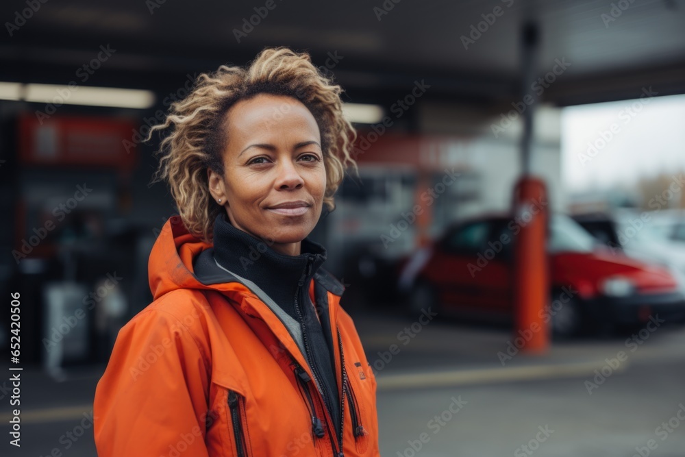 Portrait of a middle aged African American female gas station worker at the gas station - obrazy, fototapety, plakaty 