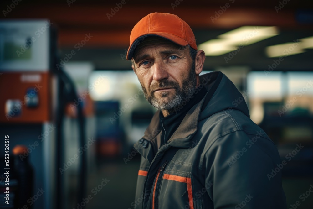 Portrait of a middle aged Caucasian male gas station worker at the gas station - obrazy, fototapety, plakaty 
