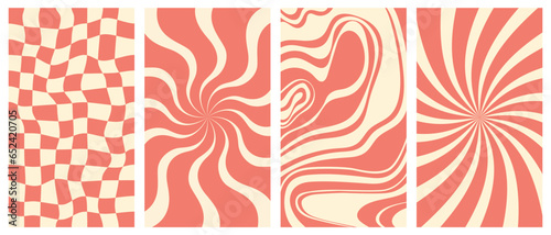 Groovy hippie 70s vector backgrounds set. Chessboard and twisted patterns. Backgrounds in trendy retro trippy style. Twisted and distorted vector texture in trendy retro psychedelic style