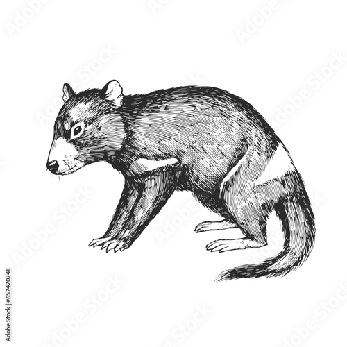 Vector hand-drawn illustration of a Tasmanian devil in the style of engraving. A sketch of a wild Australian marsupial animal isolated on a white background. photo