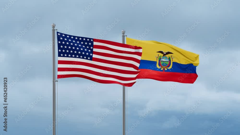 Ecuador flag and United State or USA flag waving together on cloudy sky, endless seamless loop, two country relations concept Ecuador flag and United State or USA flag waving together on cloudy sky, endless seamless loop, two country relations concept