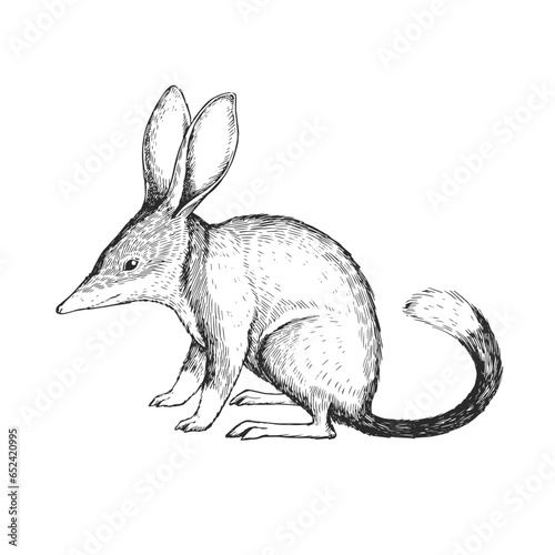 Vector hand-drawn illustration of Lesser bilby isolated on white. A black and white biological sketch of an Australian animal in the style of an engraving. photo