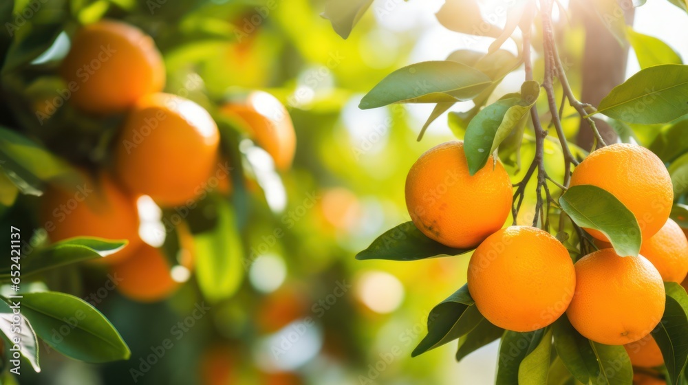 Vibrant ripe orange citrus fruits on a branch and sunny green leaves. Outdoor nature background.