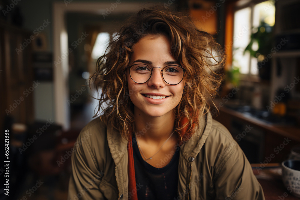 Non-binary person with curly hair and glasses. A human in casual clothes is smiling, he is sitting on the sofa in his room. - obrazy, fototapety, plakaty 