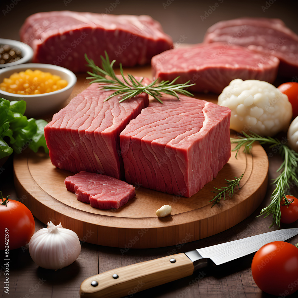 Chopped raw beef put on wooden cutting board. Ai generative
