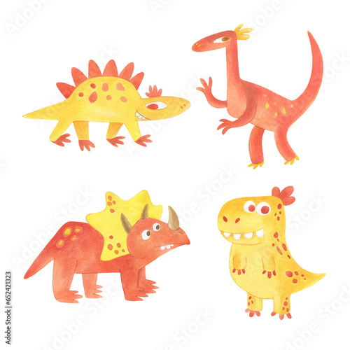 Watercolor set illustration of cute red dinosaur. Spotted dinosaur © Evgenia