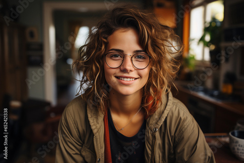 Non-binary person with curly hair and glasses. A human in casual clothes is smiling, he is sitting on the sofa in his room.