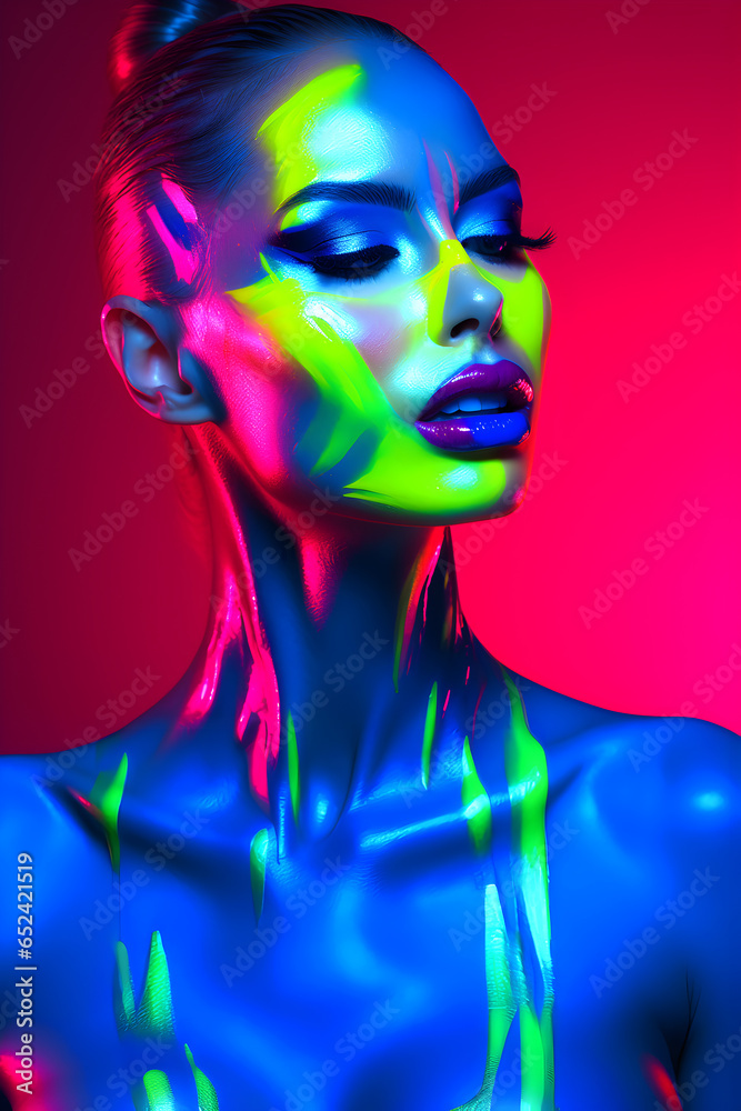 Fashion editorial Concept. Closeup portrait of stunning pretty woman with chiseled features, neon bright fluorescent makeup. illuminated with dynamic composition dramatic lighting. copy text space
