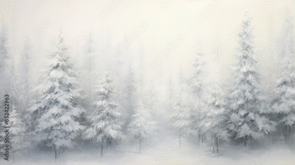  a painting of snow covered trees in a forest with fog.  generative ai