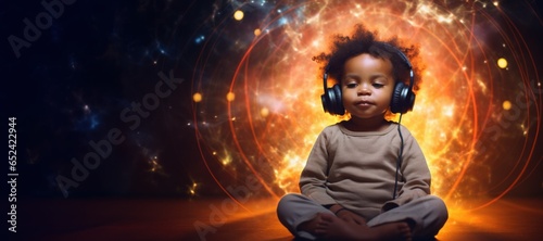 Sound Therapy Healing Music for Babies, Children for Relaxation and Sleep. African American black Baby in Headphones Listening to Music or sounds on colorful background