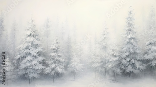  a painting of snow covered trees in a forest with fog. generative ai