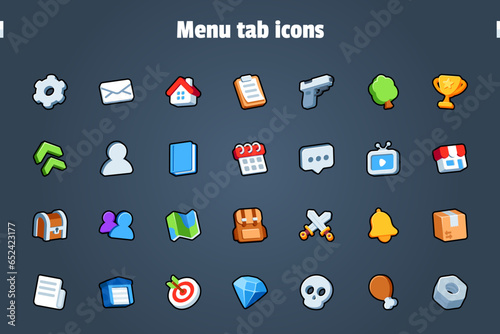 Isolated flat 3d menu tab navigation icons for game, interface, sticker, app. The sign in a cartoon style for match 3, arcade, rpg. The sprite for craft element in hyper casual mobile game photo