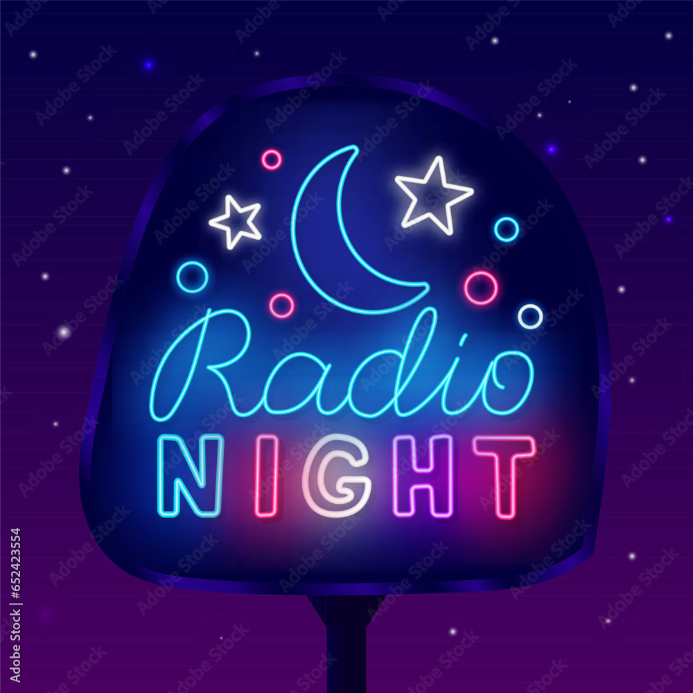 Fototapeta premium Radio music neon street billboard. Glowing outdoor advertising. On air. Online streaming concept. Vector illustration