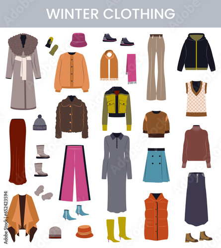 Set of female winter clothing. Flat vector art.
