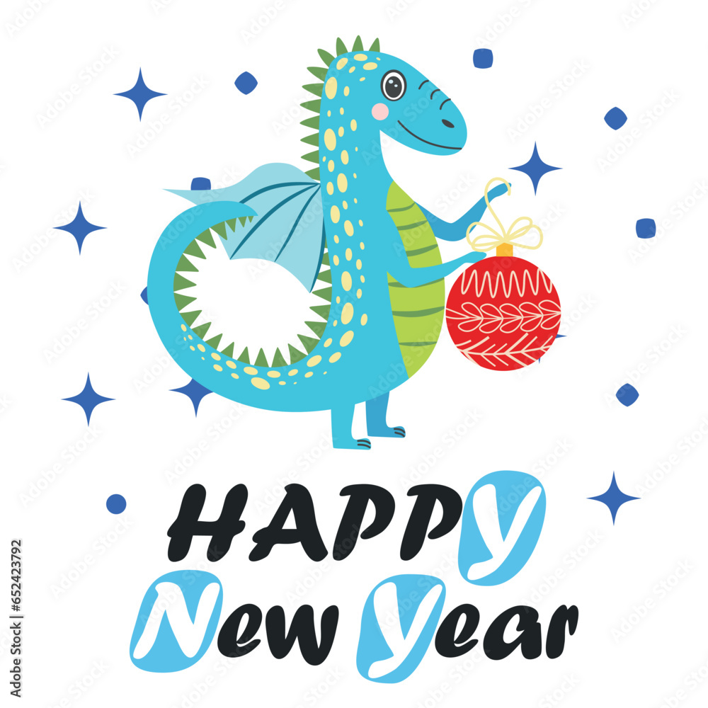 Obraz premium Christmas card with cute green dragon. Year of the Dragon 2024, China