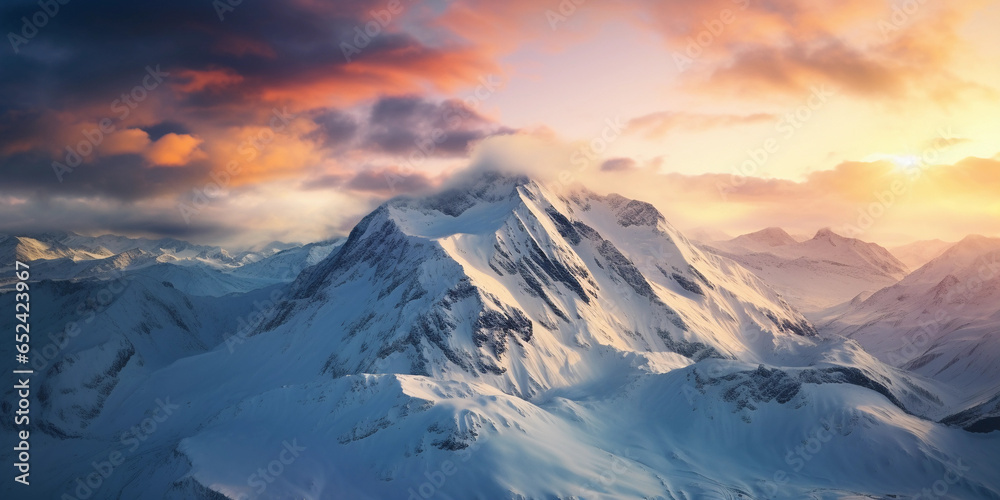 Aerial shot, snow - covered mountain range, golden sunlight breaking through clouds, casting shadows, dramatic