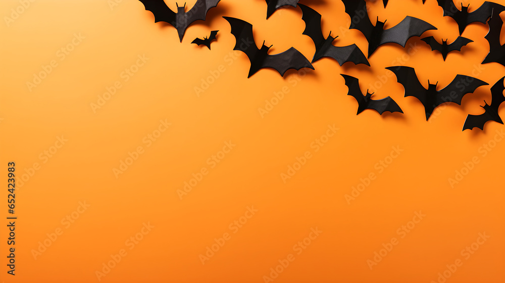Happy halloween holiday concept. Halloween decorations, bats, on orange background. Halloween party greeting card mockup with copy space. Flat lay, top view, overhead.