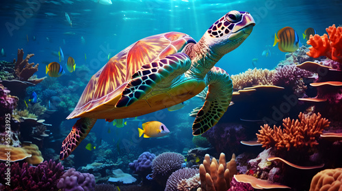 turtle with group of colorful fish and sea animals with colorful coral underwater in ocean