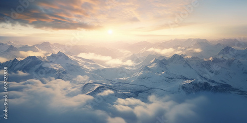Aerial shot, snow - covered mountain range, golden sunlight breaking through clouds, casting shadows, dramatic