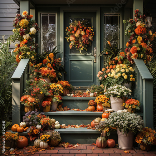 entrance door to the house, autumn still life with pumpkins and flowers, entrance door to the house, autumn still life with pumpkins and flowers © Daisy