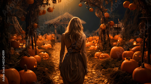 pretty young woman wearing dress style outfit walking in pumpkin garden, Generative AI