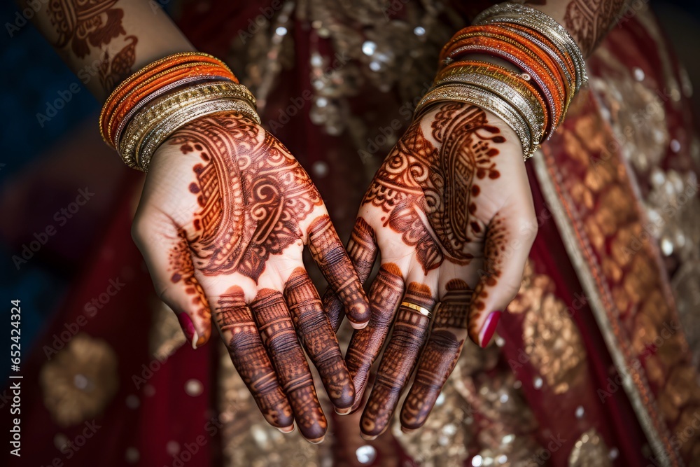 Indian woman henna hands tradition. Generate Ai - obrazy, fototapety, plakaty 