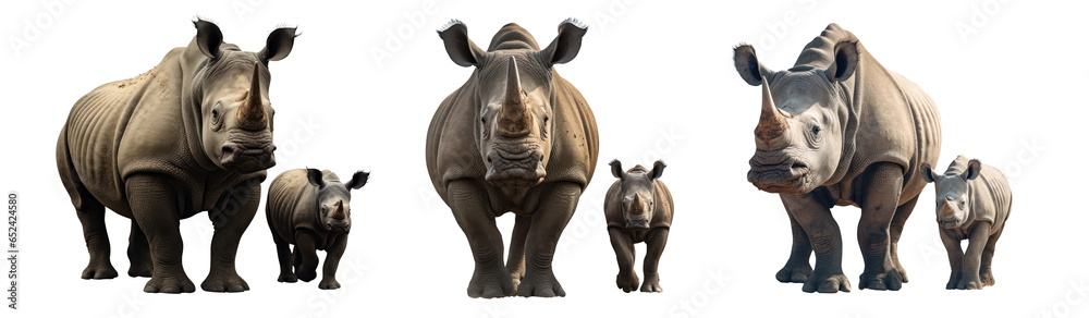 Obraz premium rhinoceros. mother and calf. long sharp horns. Ivory. Africa. Zoo. Animals in extinction. Transparent background PNG.